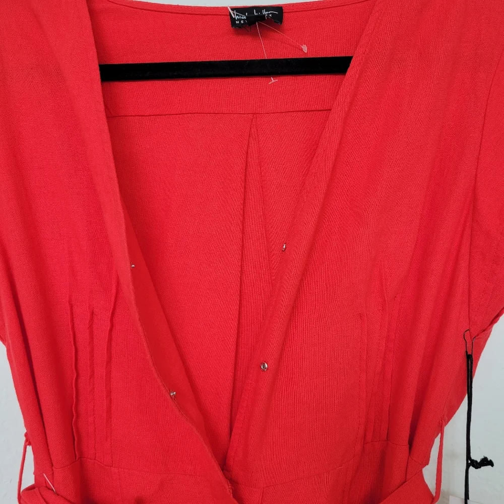 Nicole Miller | NWT Linen Blend Button Up Mini Dress Red Size M - Picture 3 of 10